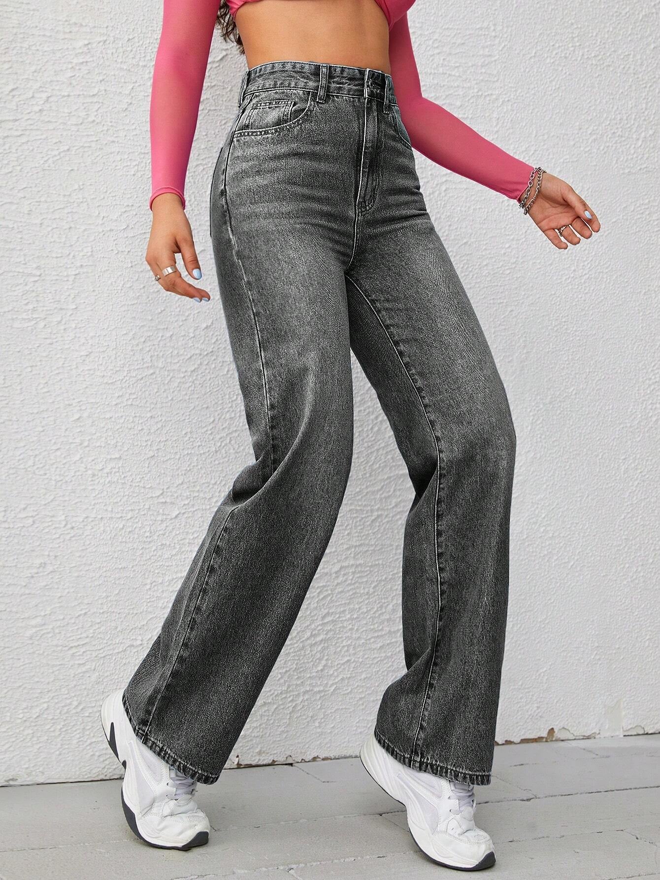 Washed Wide-Leg Jeans with Slanted Pockets Baggy Jeans