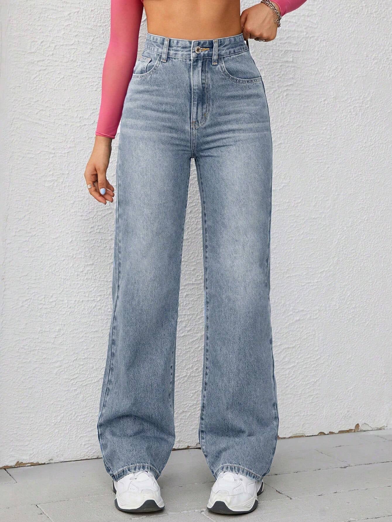 Washed Wide-Leg Jeans with Slanted Pockets Baggy Jeans