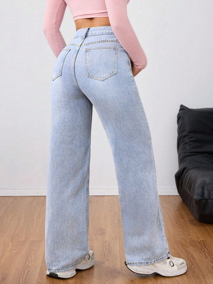 Washed Wide-Leg Jeans with Slanted Pockets Baggy Jeans