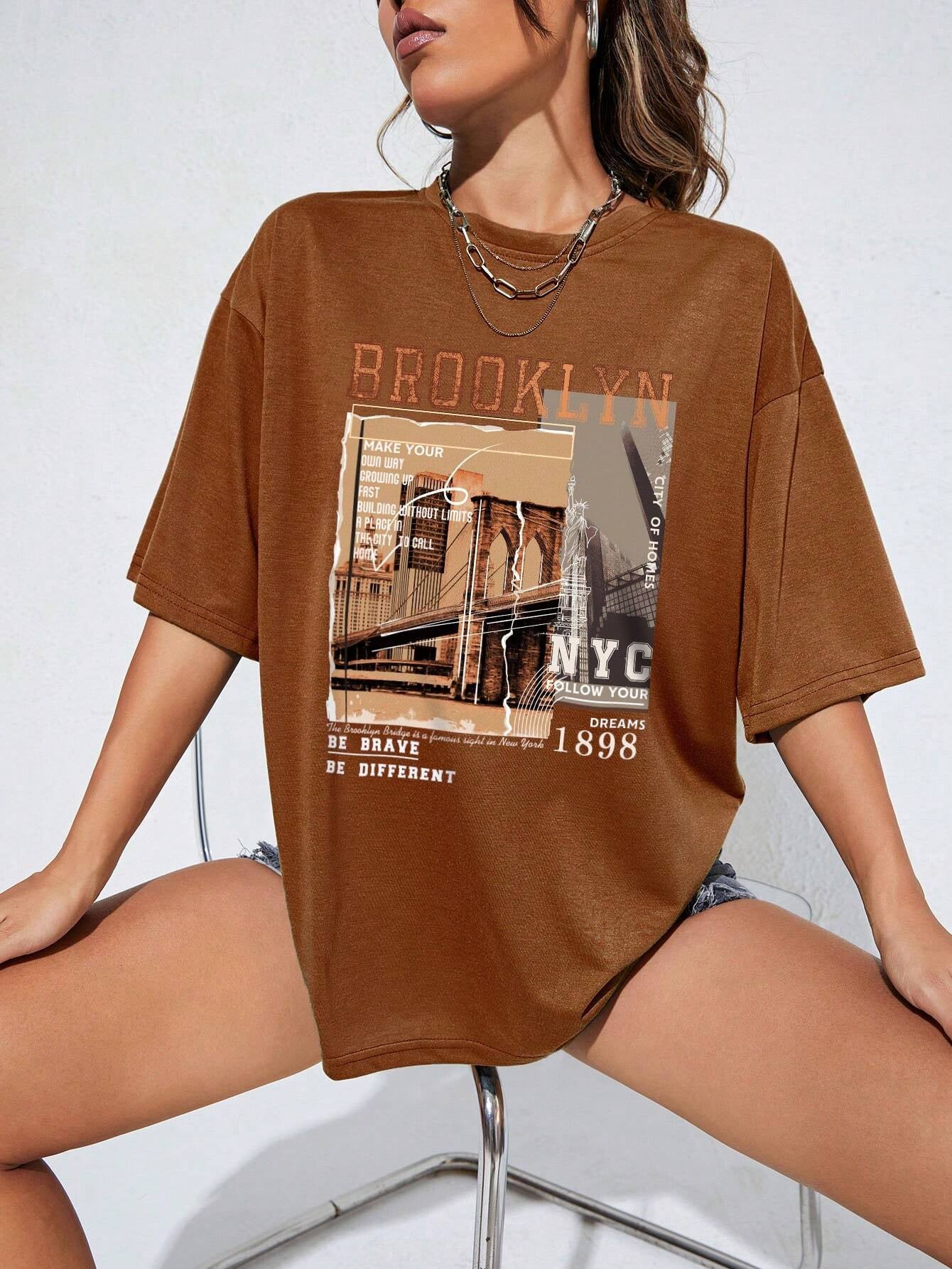 INAWLY Street View and Slogan Graphic Drop Shoulder Tee MAKE YOUR OWN WAY GROWING up FAST BUILDING without LIMITS a PLACE in the CITY to CALL HOME CITY of HOMES NYC FOLLOW YOUR DREAMS 1898 the Brooklyn Bridge Is a Famous Sight in New York BE BRAVE BE DIFFERENT Graphic Tees Women Tops