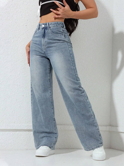 Washed Wide-Leg Jeans with Slanted Pockets Baggy Jeans