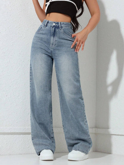 Washed Wide-Leg Jeans with Slanted Pockets Baggy Jeans