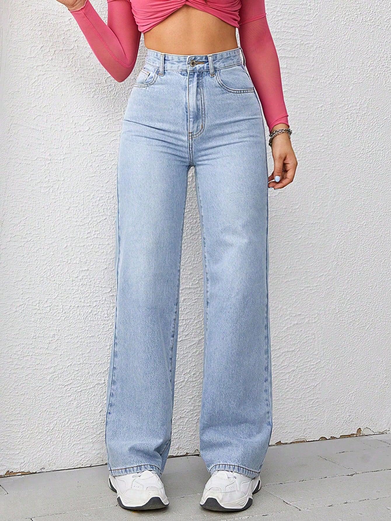 Washed Wide-Leg Jeans with Slanted Pockets Baggy Jeans