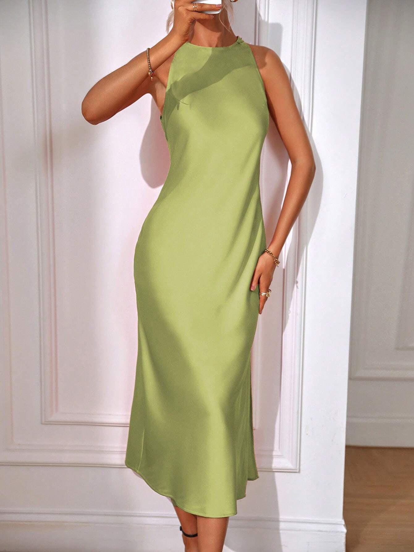 Clasi Solid Split Thigh Dress Maxi Women Outfit Sage Green Dress Elegantsilk Dress Formal