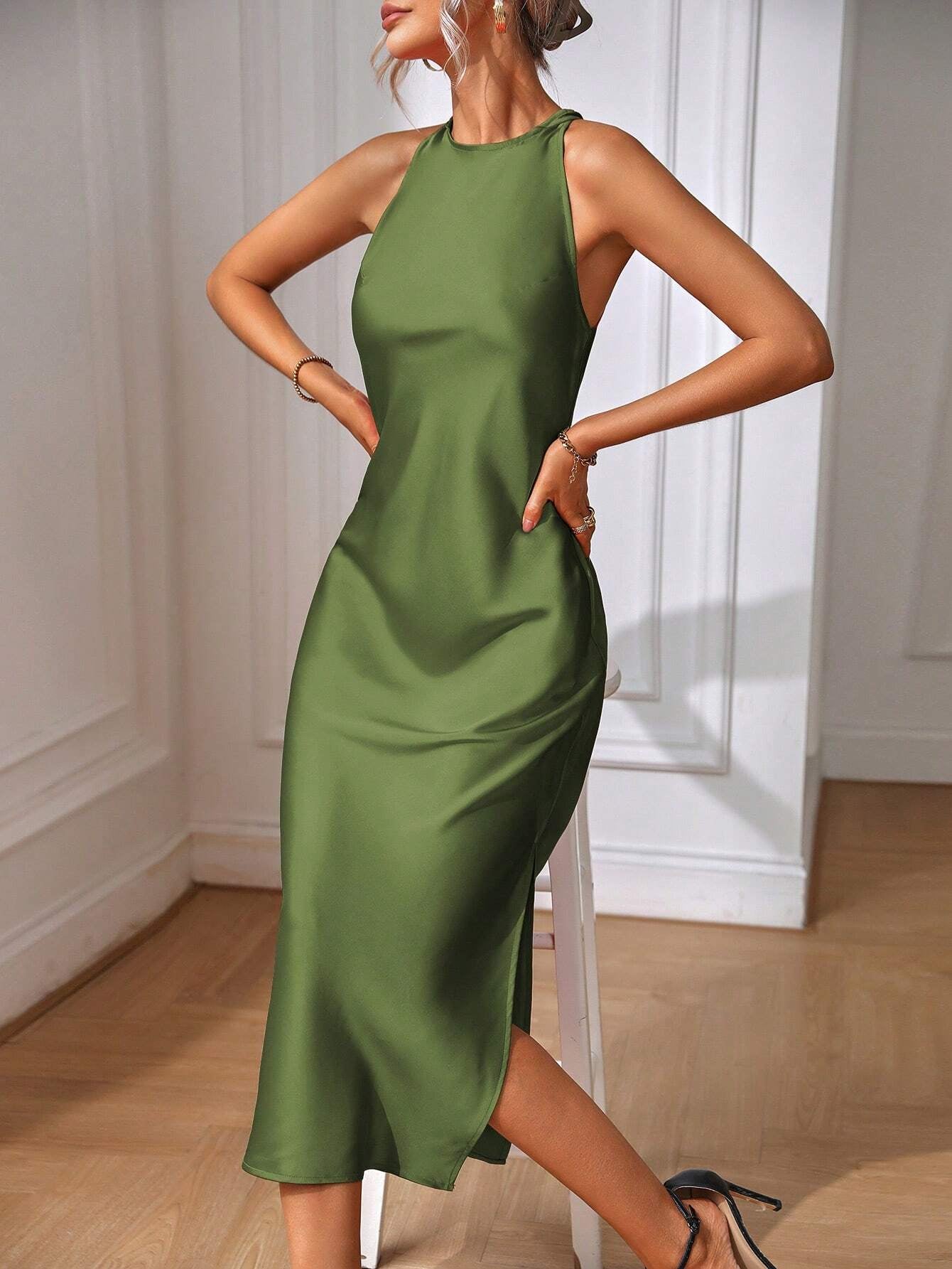 Clasi Solid Split Thigh Dress Maxi Women Outfit Sage Green Dress Elegantsilk Dress Formal