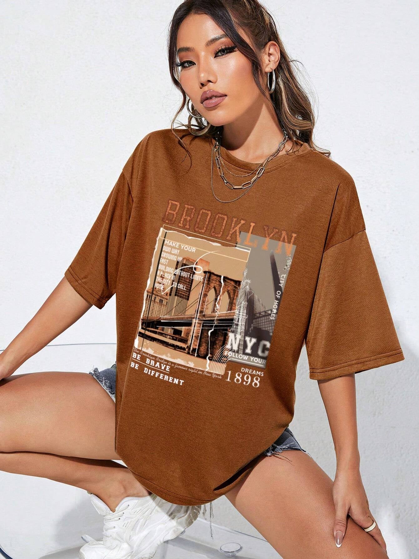 INAWLY Street View and Slogan Graphic Drop Shoulder Tee MAKE YOUR OWN WAY GROWING up FAST BUILDING without LIMITS a PLACE in the CITY to CALL HOME CITY of HOMES NYC FOLLOW YOUR DREAMS 1898 the Brooklyn Bridge Is a Famous Sight in New York BE BRAVE BE DIFFERENT Graphic Tees Women Tops