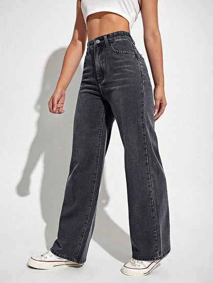 Washed Wide-Leg Jeans with Slanted Pockets Baggy Jeans