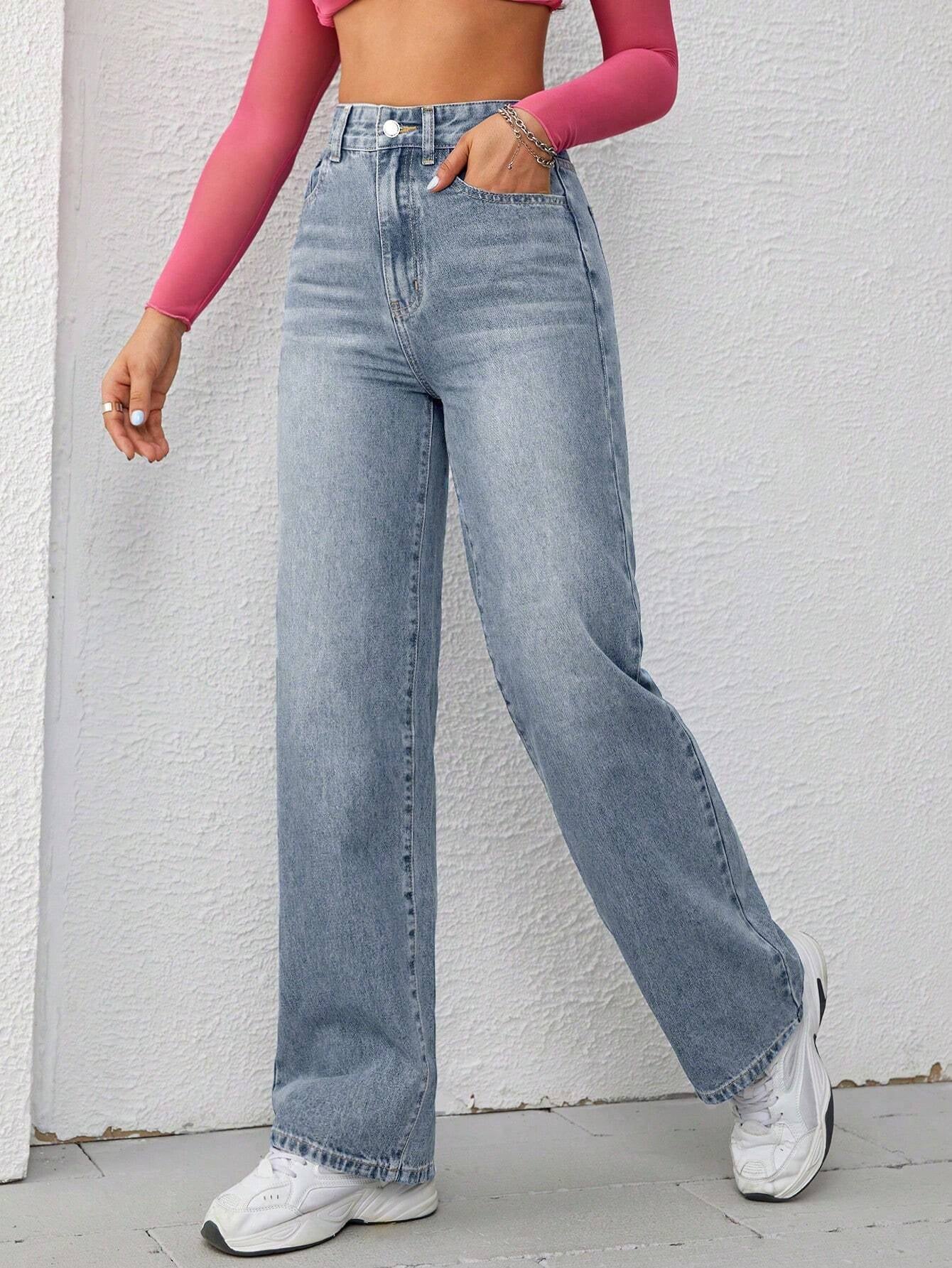 Washed Wide-Leg Jeans with Slanted Pockets Baggy Jeans