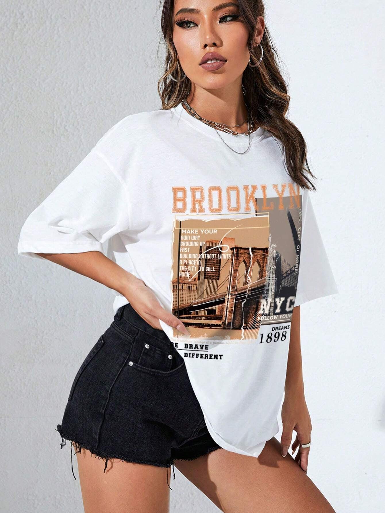 INAWLY Street View and Slogan Graphic Drop Shoulder Tee MAKE YOUR OWN WAY GROWING up FAST BUILDING without LIMITS a PLACE in the CITY to CALL HOME CITY of HOMES NYC FOLLOW YOUR DREAMS 1898 the Brooklyn Bridge Is a Famous Sight in New York BE BRAVE BE DIFFERENT Graphic Tees Women Tops