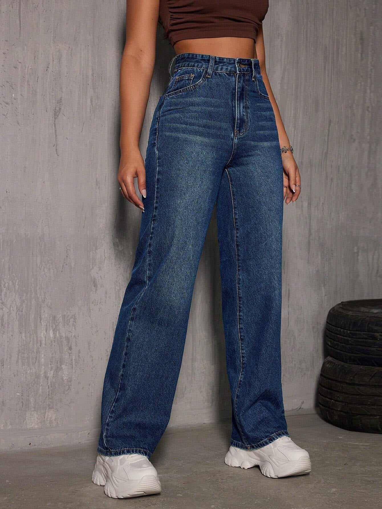 Washed Wide-Leg Jeans with Slanted Pockets Baggy Jeans