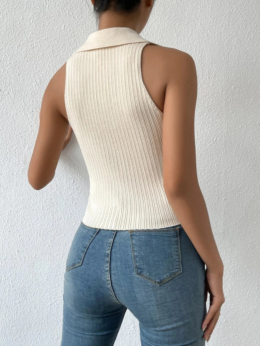 10 Colors Summer New Women V Neck Solid Turndown Collared Ribbed Knit Tops Sleeveless Y2K Crop Top Clothes Femme Casual Tank