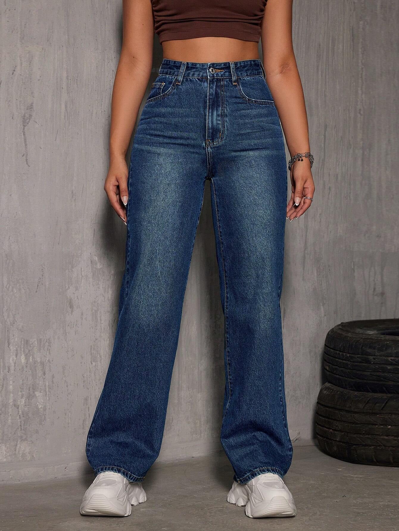 Washed Wide-Leg Jeans with Slanted Pockets Baggy Jeans