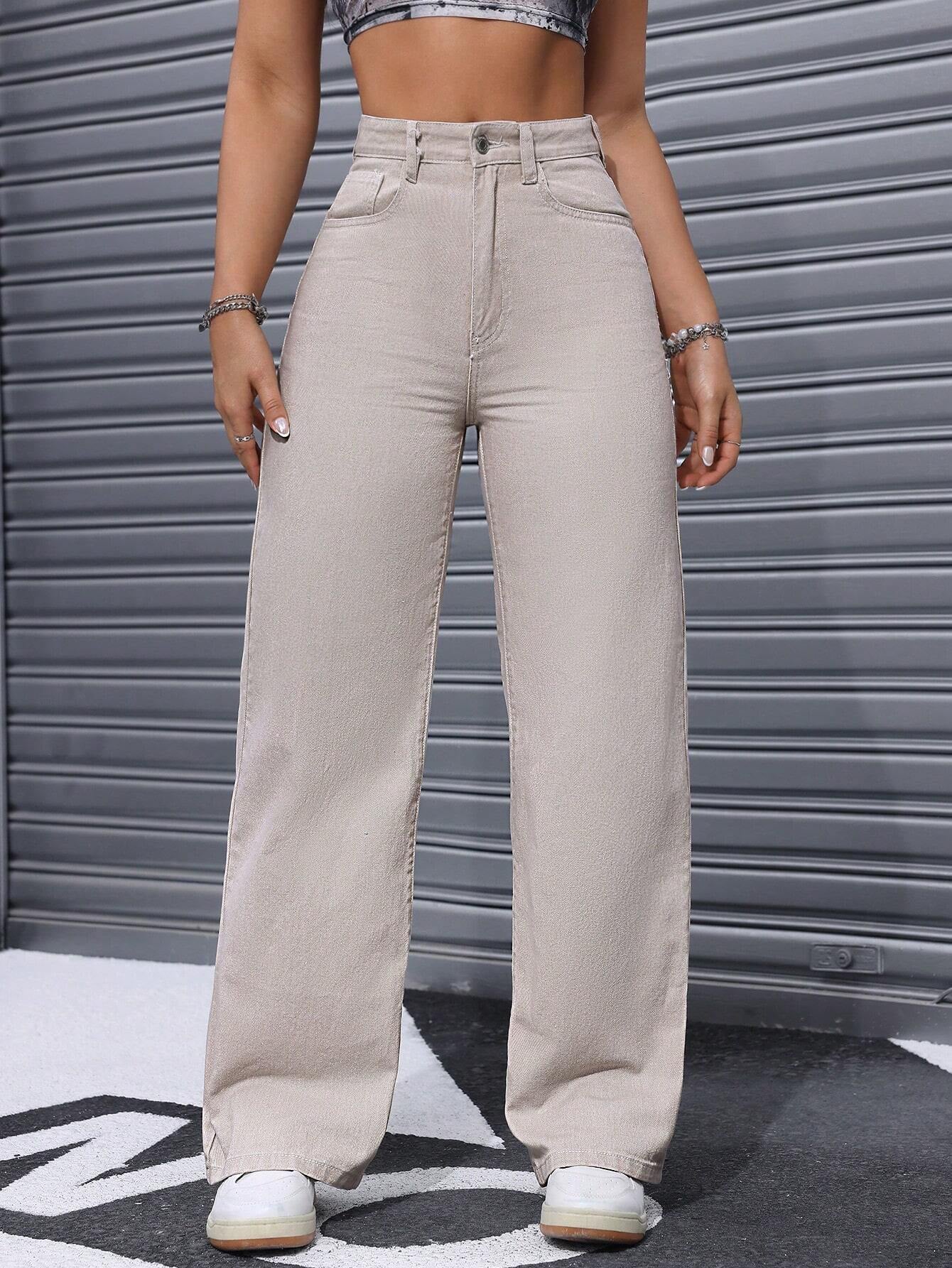 Washed Wide-Leg Jeans with Slanted Pockets Baggy Jeans