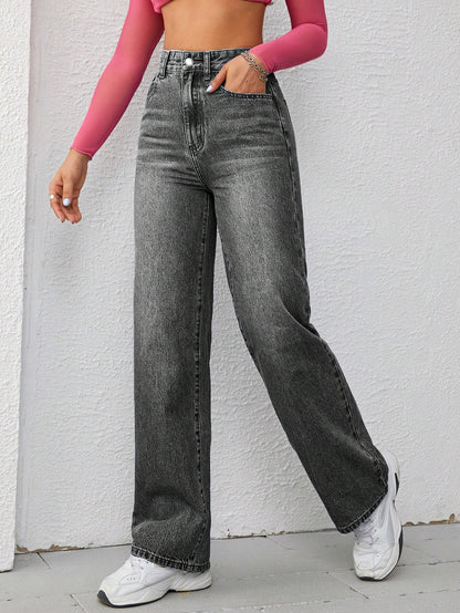 Washed Wide-Leg Jeans with Slanted Pockets Baggy Jeans