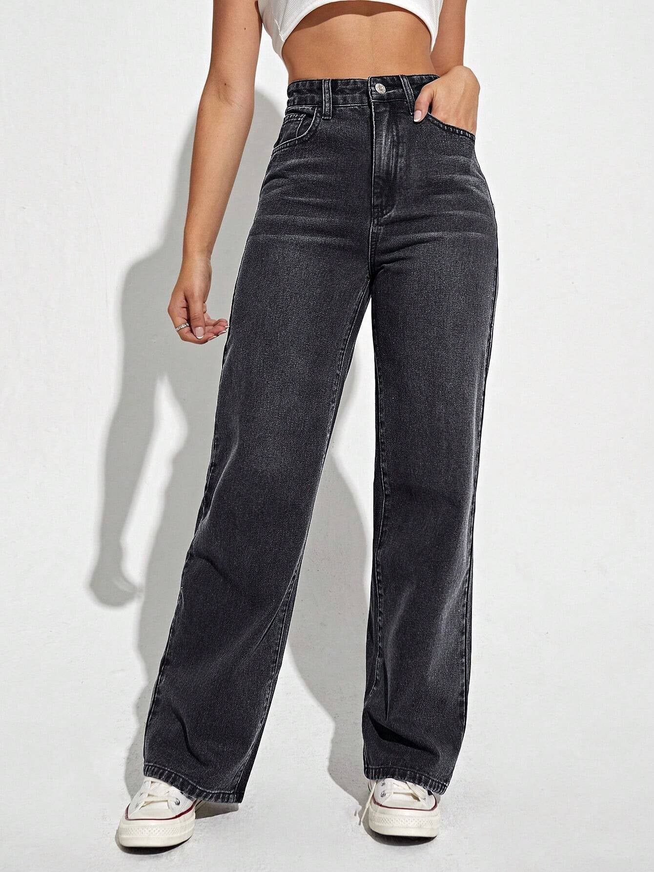 Washed Wide-Leg Jeans with Slanted Pockets Baggy Jeans