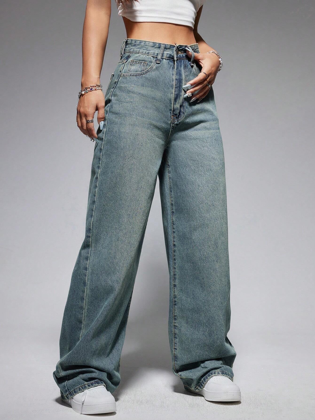 Washed Wide-Leg Jeans with Slanted Pockets Baggy Jeans