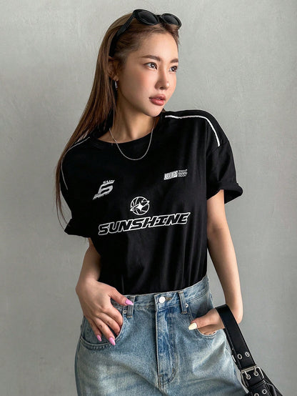 DAZY Summer Casual Loose Short Sleeve T-Shirt with Letter Print