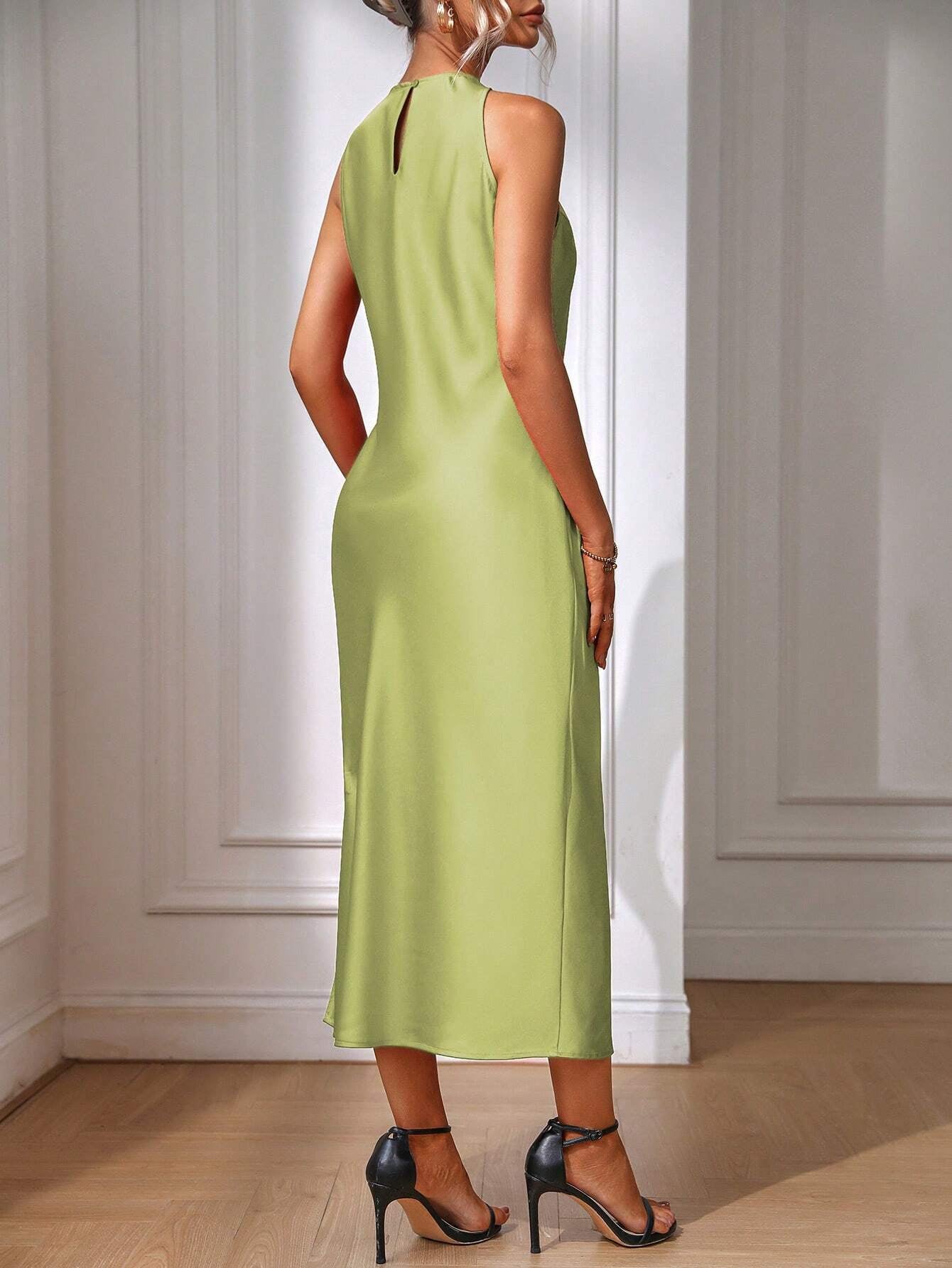 Clasi Solid Split Thigh Dress Maxi Women Outfit Sage Green Dress Elegantsilk Dress Formal